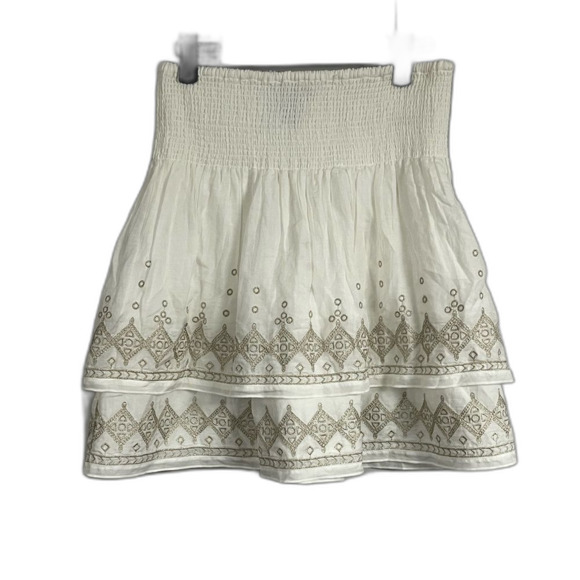 WHBM White Gold Embroidered Smocked Waist Tiered Silk Mini Skirt Size XS - Picture 7 of 7